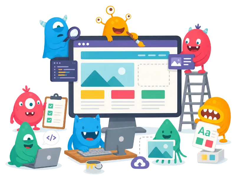Colourful worldwideweb monsters building a website together