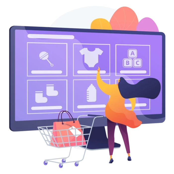 Woman with a shopping trolley touching a large monitor showing online ecommerce